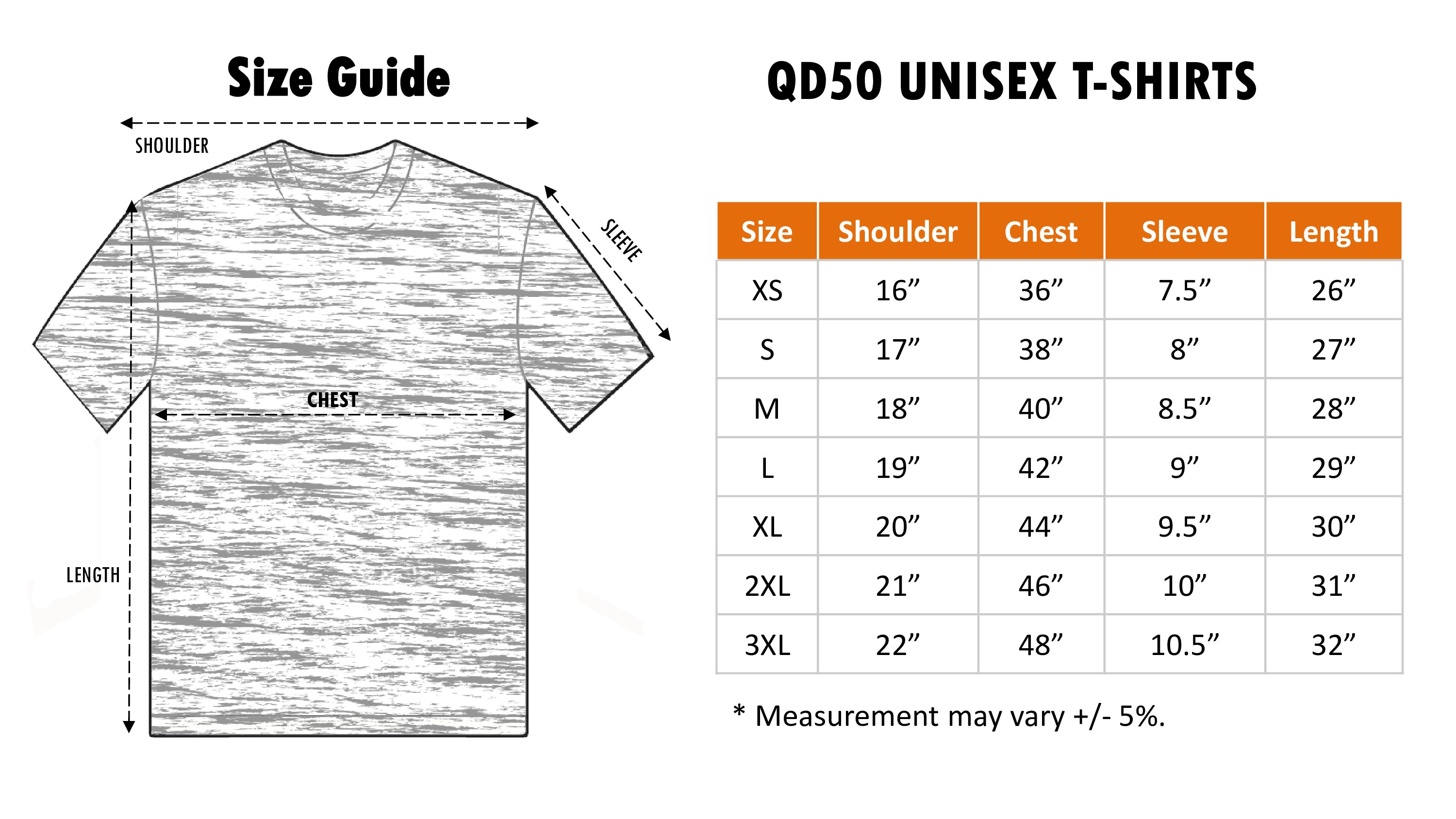 oren sport quick dry size chart